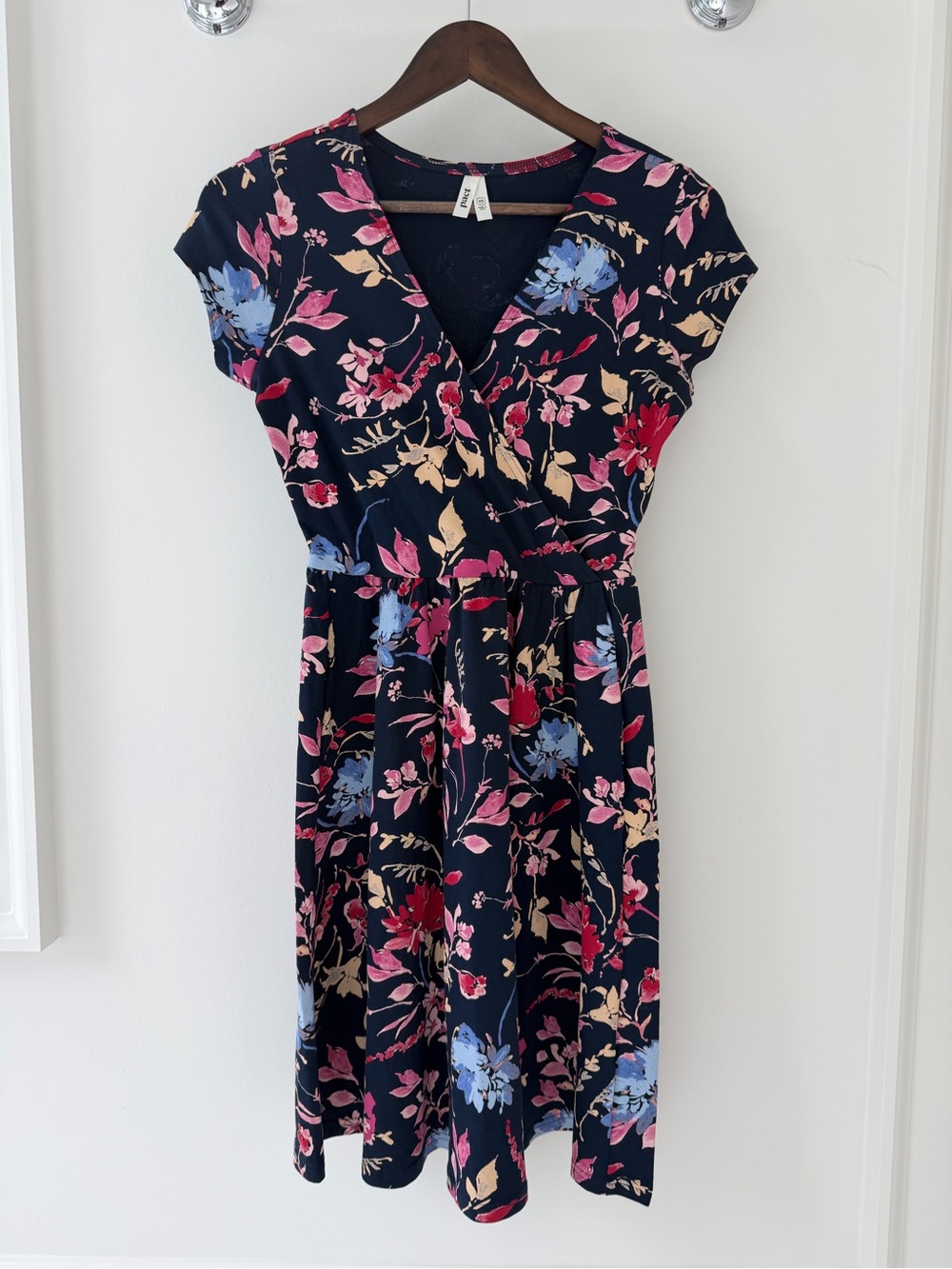 NWOT Pact Fit & Flare Crossover Dress Navy Floral Organic Cotton XS